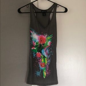 Grey tank top with colorful parrot design